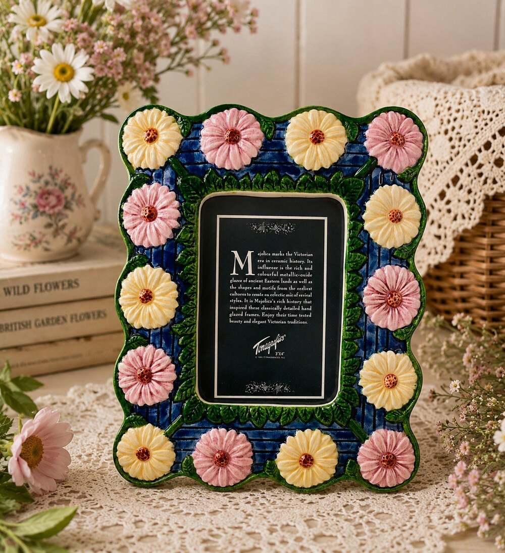 Terragraphics Majolica Picture Frame Daisy Chain Hand Glazed 3x4 Ceramic NEW